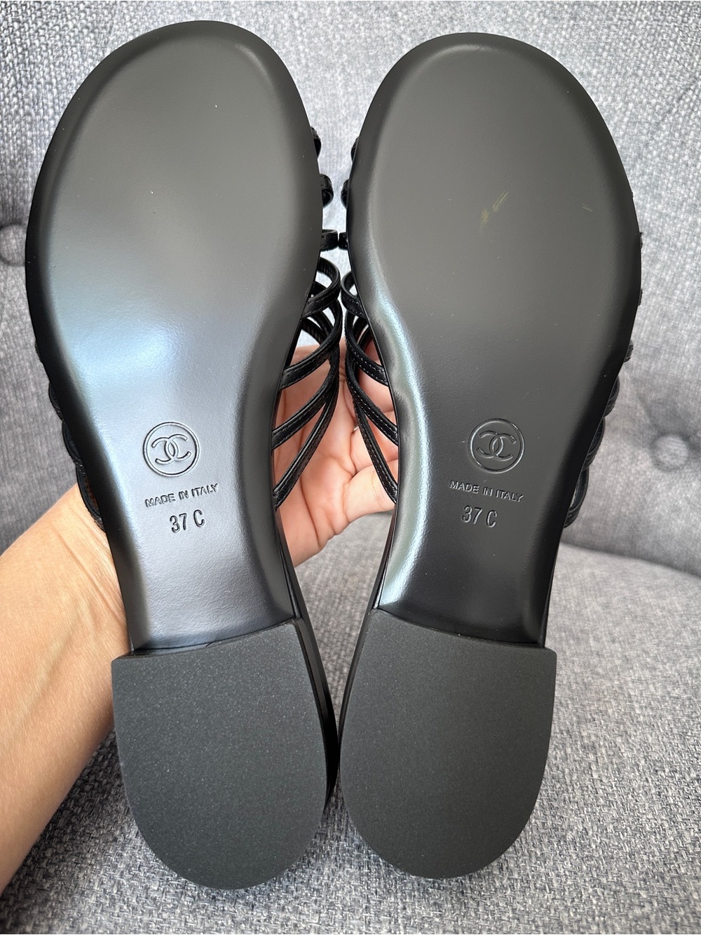 NEW CHANEL BLAZY Black strappy Leather GOLD CC FLIP FLOP Slides Flat Sandals 37C - Picture 10 of 15